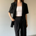 Belted Short-Sleeve Loose-Fit Long Single Blazer