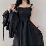 Набор: льняной болеро с пышными рукавами и длинное шифоновое платье с рюшами