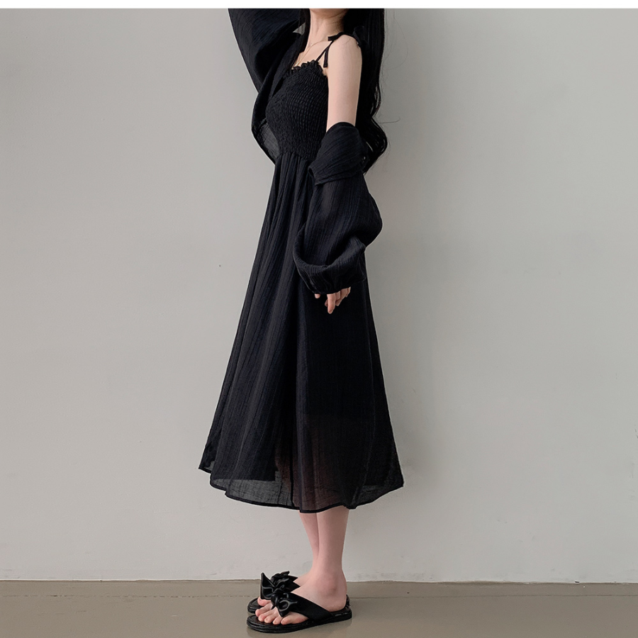 Набор: льняной болеро с пышными рукавами и длинное шифоновое платье с рюшами