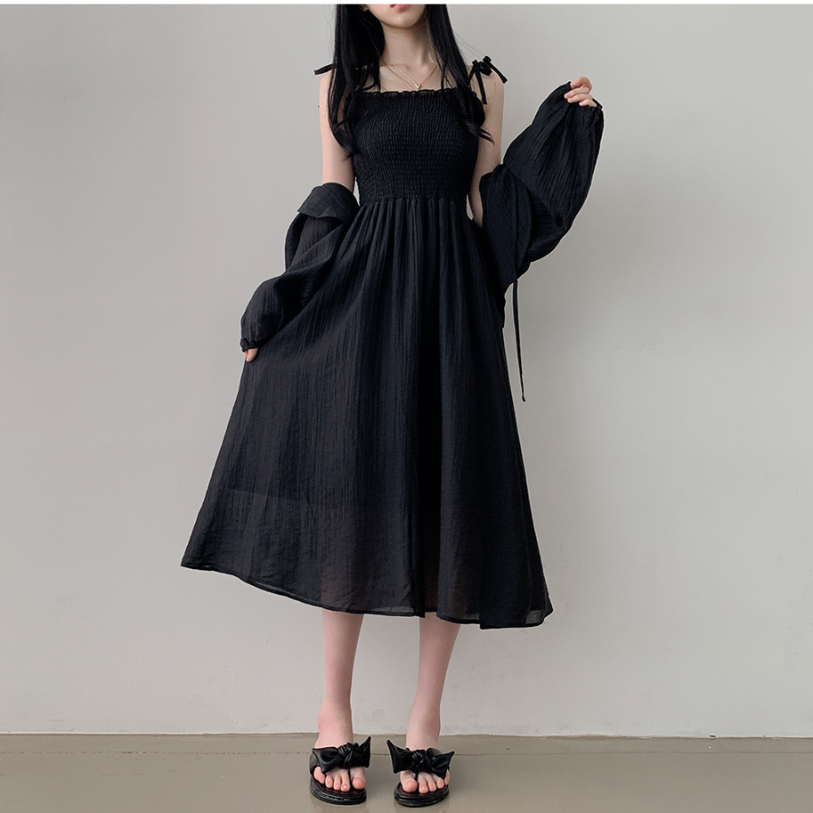 Набор: льняной болеро с пышными рукавами и длинное шифоновое платье с рюшами