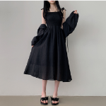 Набор: льняной болеро с пышными рукавами и длинное шифоновое платье с рюшами