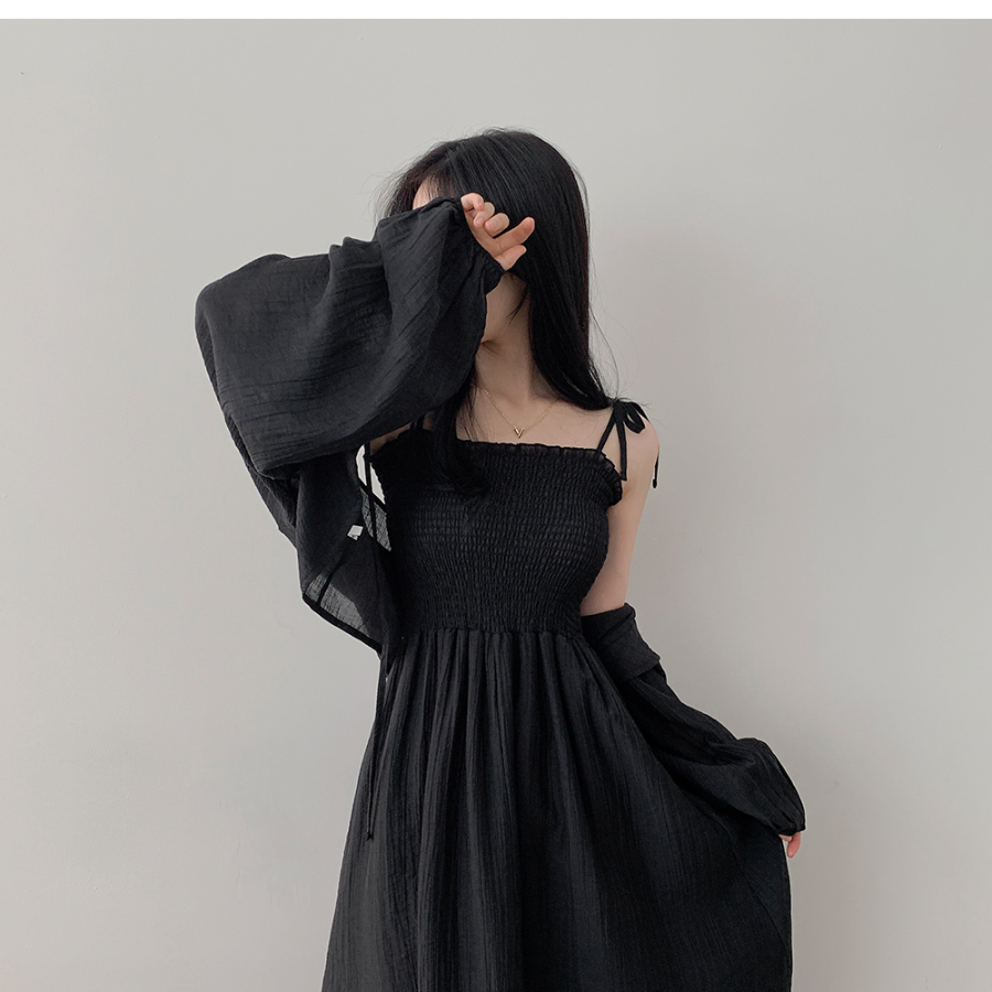 Набор: льняной болеро с пышными рукавами и длинное шифоновое платье с рюшами