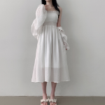 Набор: льняной болеро с пышными рукавами и длинное шифоновое платье с рюшами