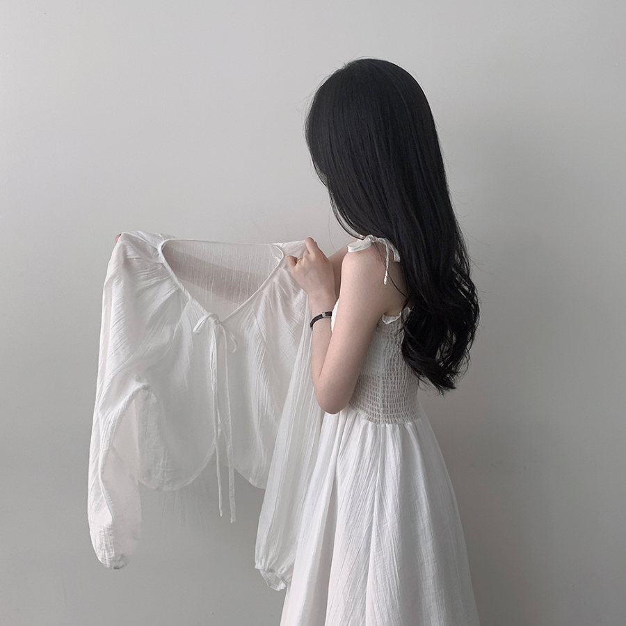 Набор: льняной болеро с пышными рукавами и длинное шифоновое платье с рюшами