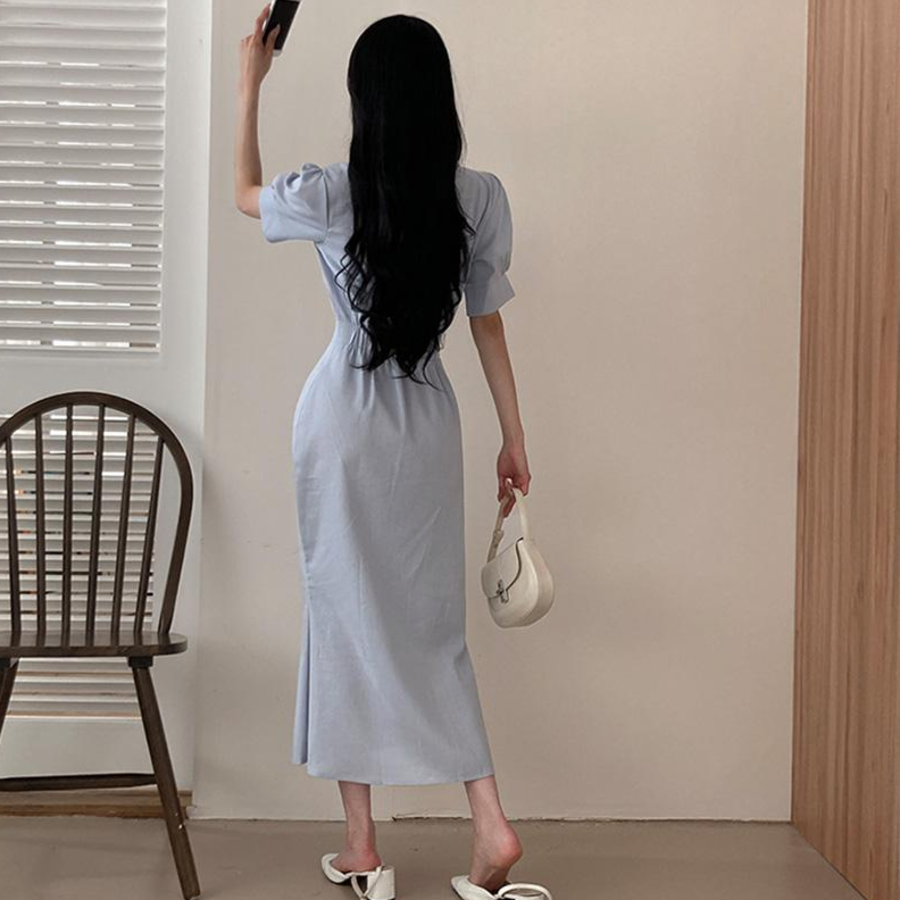 Платье-макси с воротником, короткими рукавами и юбкой «русалка»