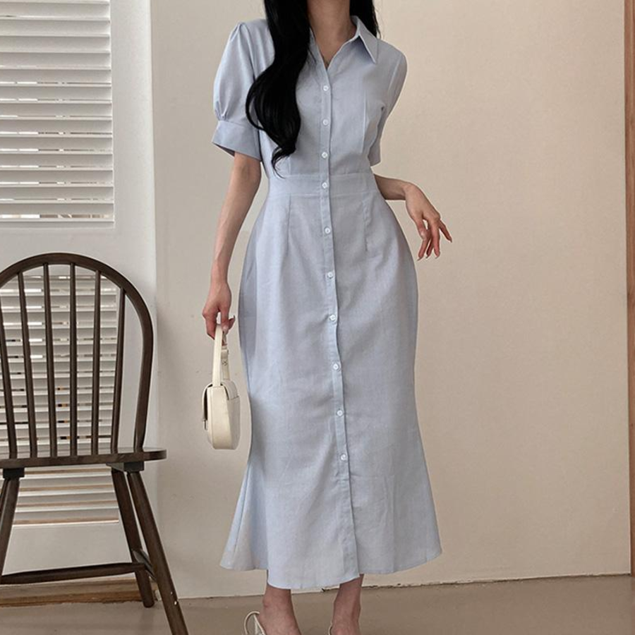 Платье-макси с воротником, короткими рукавами и юбкой «русалка»