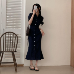 Платье-макси с воротником, короткими рукавами и юбкой «русалка»