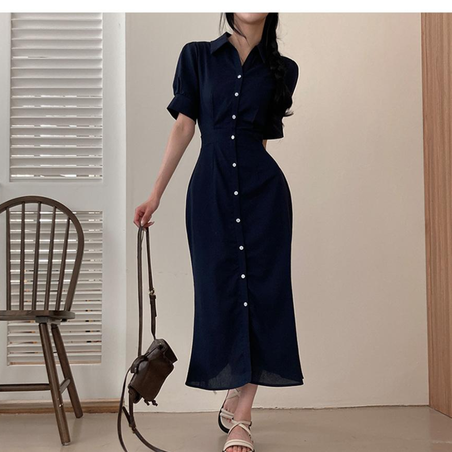 Платье-макси с воротником, короткими рукавами и юбкой «русалка»