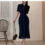 Платье-макси с воротником, короткими рукавами и юбкой «русалка»