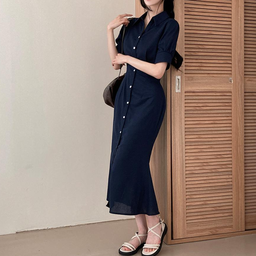 Платье-макси с воротником, короткими рукавами и юбкой «русалка»