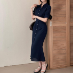 Платье-макси с воротником, короткими рукавами и юбкой «русалка»