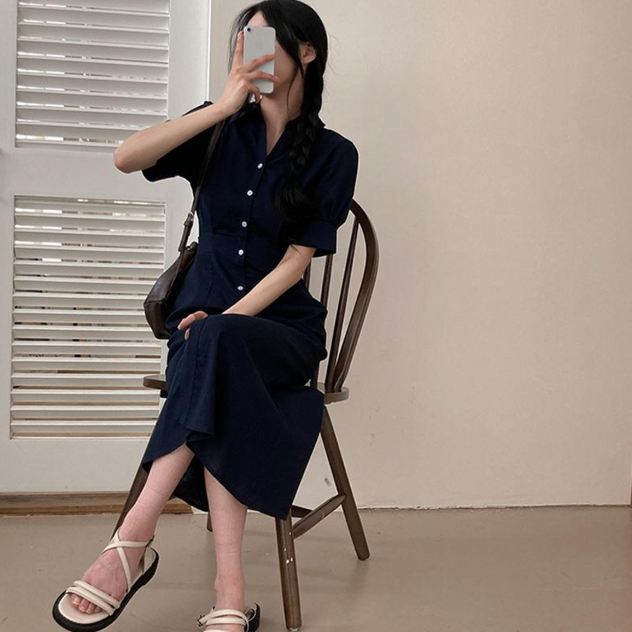 Платье-макси с воротником, короткими рукавами и юбкой «русалка»