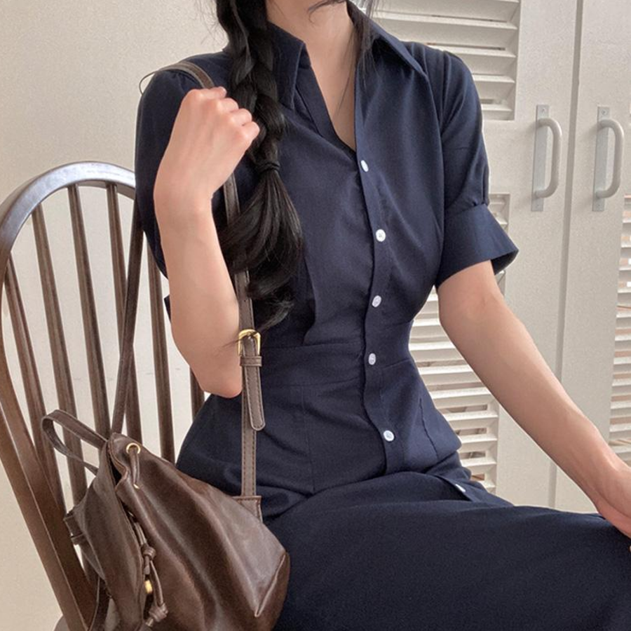 Платье-макси с воротником, короткими рукавами и юбкой «русалка»