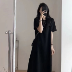 Фемининное чёрное платье с короткими рукавами макси длины