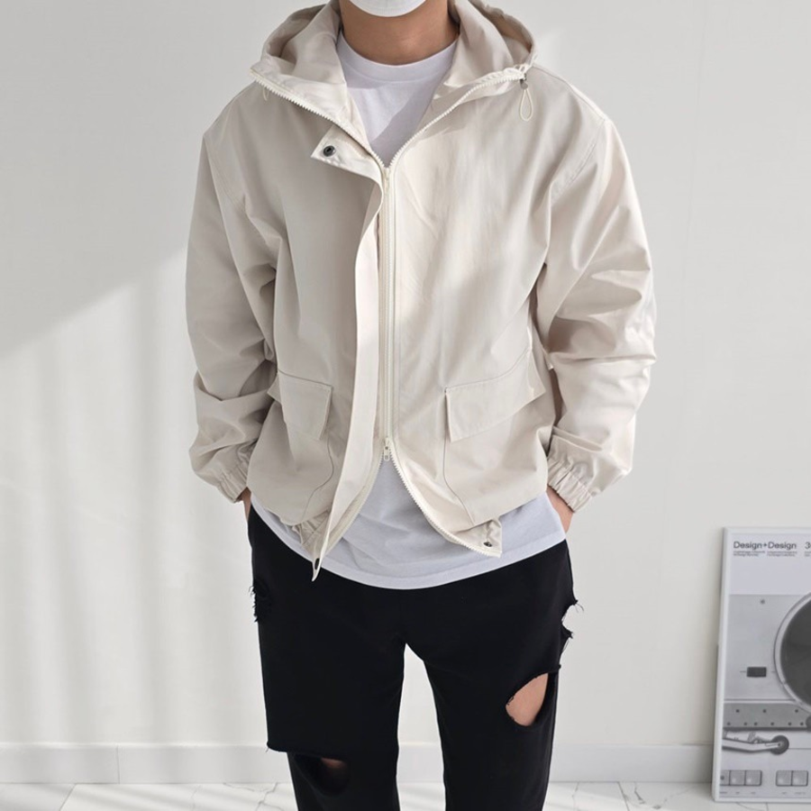 Men's Oversized 2-Way Hooded Zip-Up Windbreaker Jacket