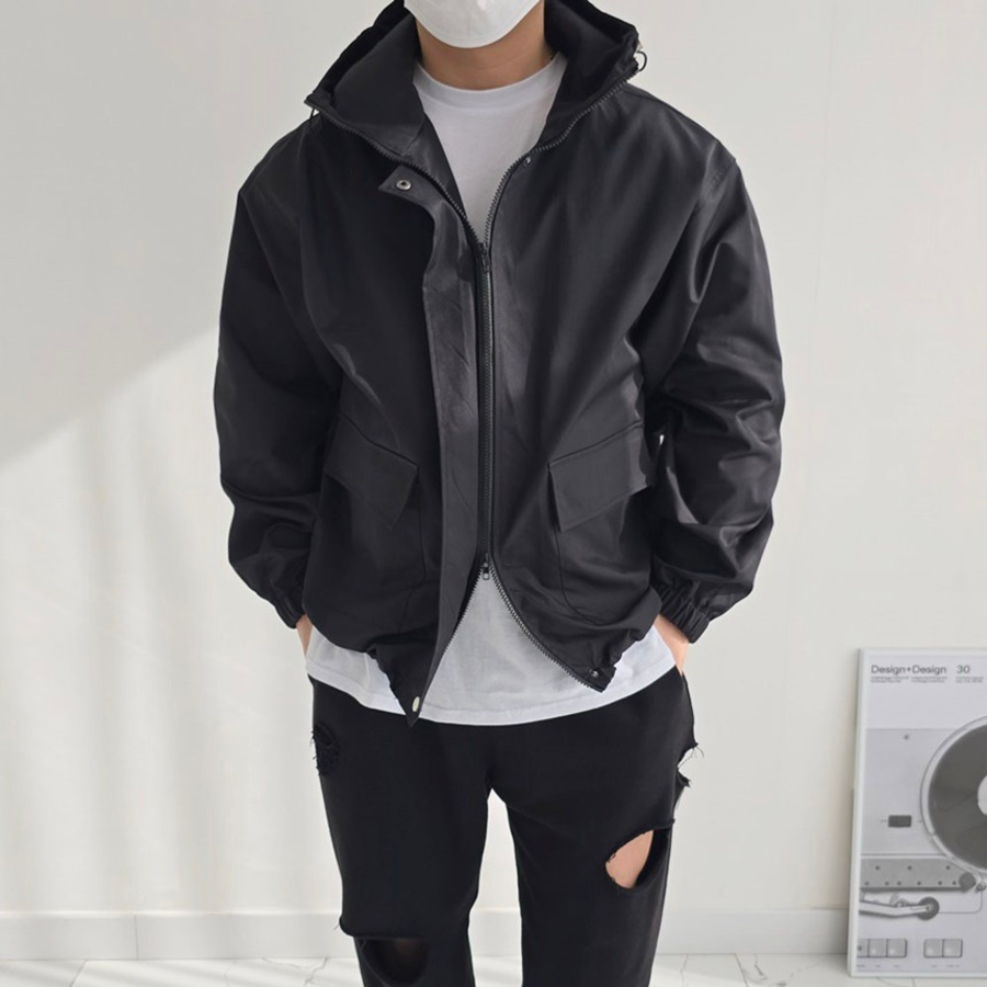 Men's Oversized 2-Way Hooded Zip-Up Windbreaker Jacket