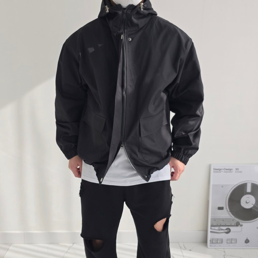 Men's Oversized 2-Way Hooded Zip-Up Windbreaker Jacket