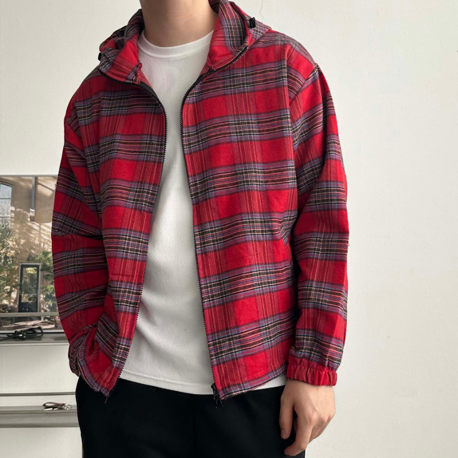 Hooded Windbreaker – Fall Check Pattern Jacket