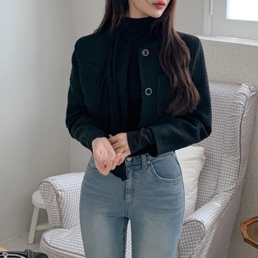 Tweed No-Collar Crop Jacket