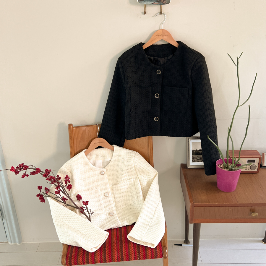 Tweed No-Collar Crop Jacket