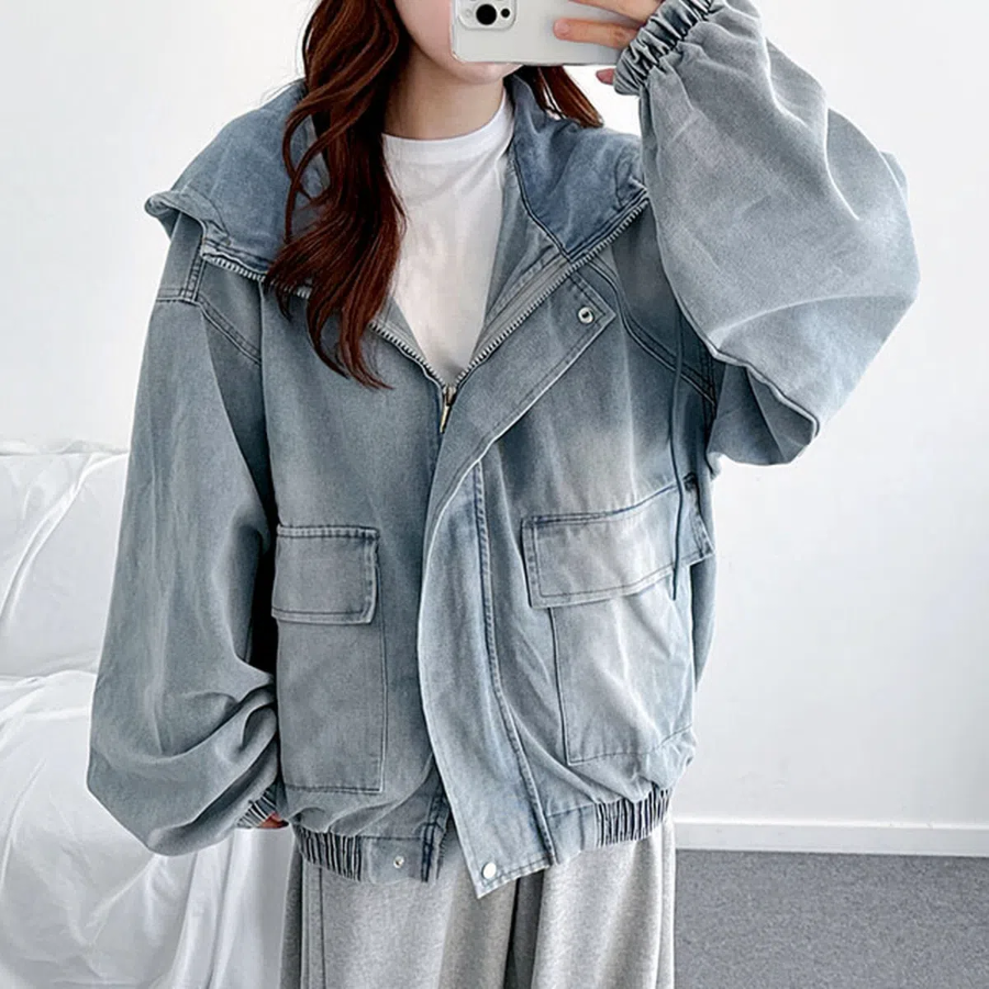 Oversized Full-Washed Denim Hoodie  Jumper