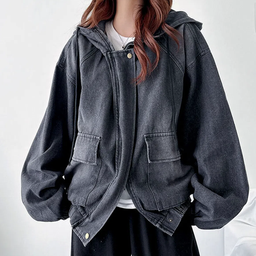 Oversized Full-Washed Denim Hoodie  Jumper