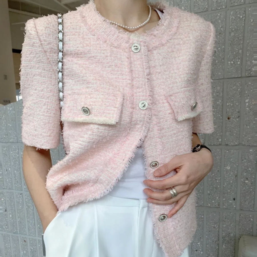 Short-Sleeve No-Collar Tweed Jacket