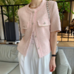 Short-Sleeve No-Collar Tweed Jacket