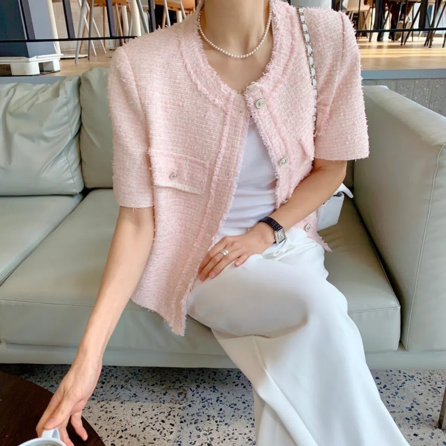 Short-Sleeve No-Collar Tweed Jacket