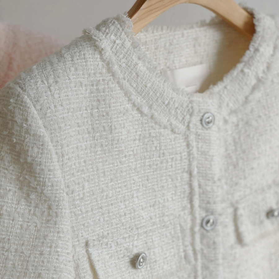 Short-Sleeve No-Collar Tweed Jacket