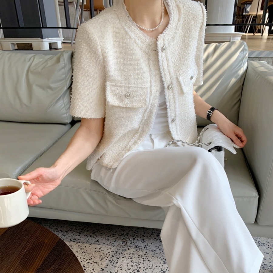 Short-Sleeve No-Collar Tweed Jacket