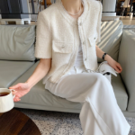 Short-Sleeve No-Collar Tweed Jacket