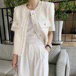 Short-Sleeve No-Collar Tweed Jacket