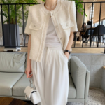 Short-Sleeve No-Collar Tweed Jacket