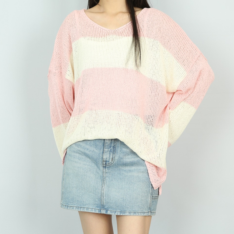 4-COLOR V-NECK STRIPE – Loose Fit Long Sleeve Knit Sweater