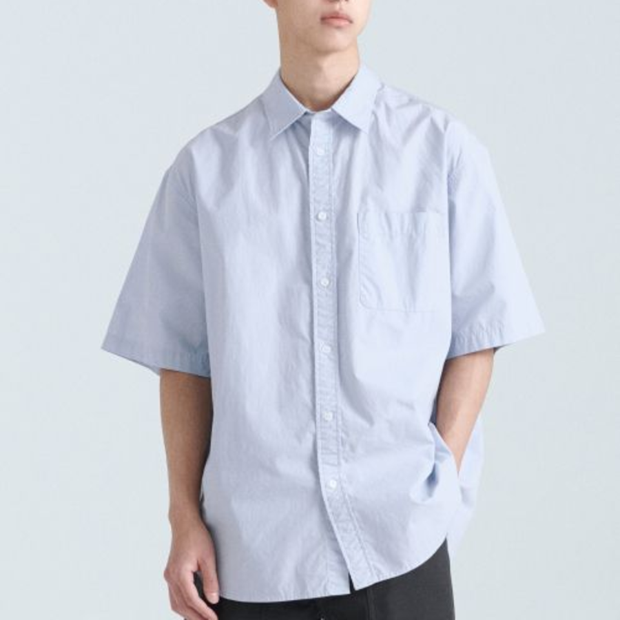 Relaxed Washed Poplin Short Sleeve Shirt [Sky Blue]