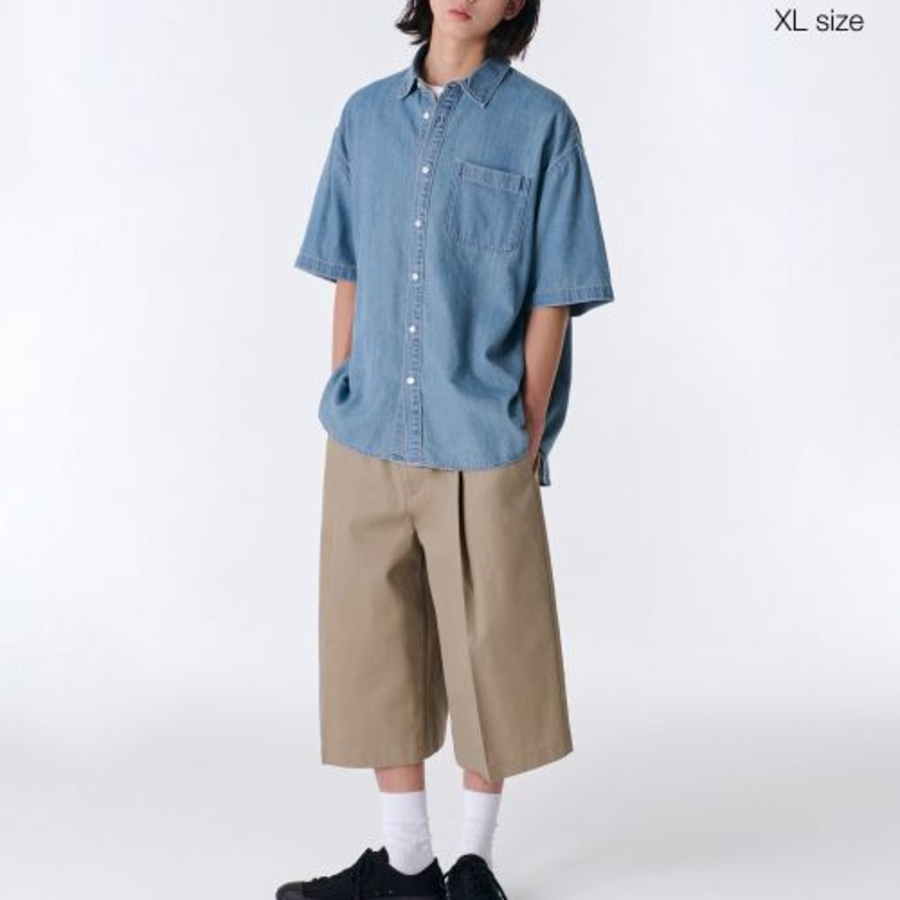 Oversized Short Sleeve Denim Shirt [Light Indigo]