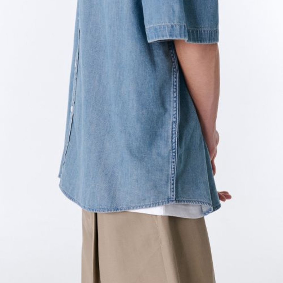 Oversized Short Sleeve Denim Shirt [Light Indigo]