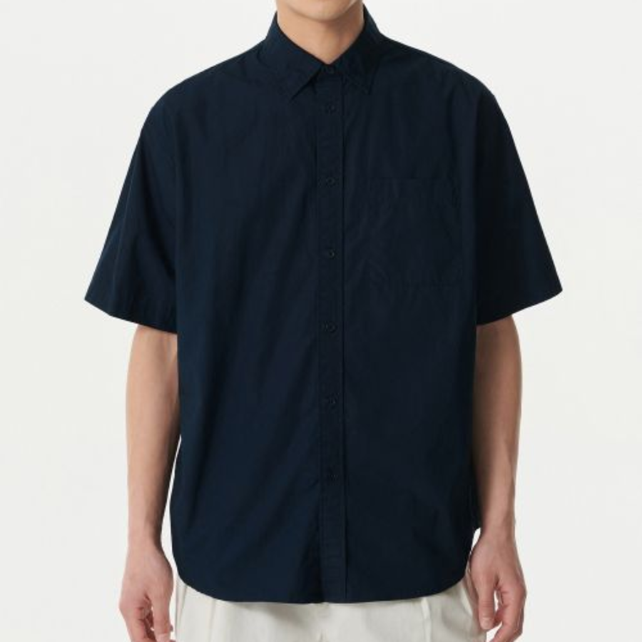 Relaxed Washed Poplin Short Sleeve Shirt [Navy]