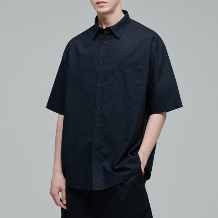 Oversized Poplin Short Sleeve Shirt [Navy]