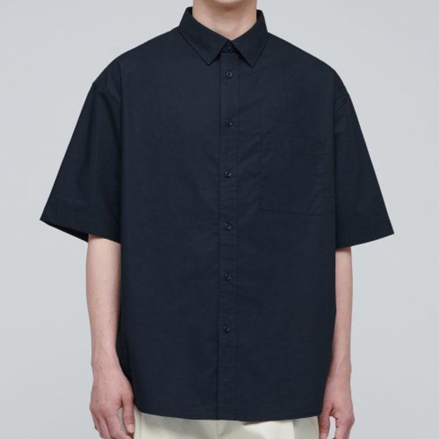 Oversized Poplin Short Sleeve Shirt [Navy]