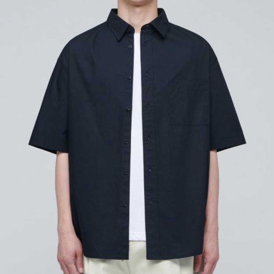 Oversized Poplin Short Sleeve Shirt [Navy]