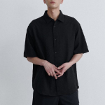 Relaxed Linen-Like Short Sleeve Shirt [Black]