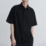 Relaxed Linen-Like Short Sleeve Shirt [Black]