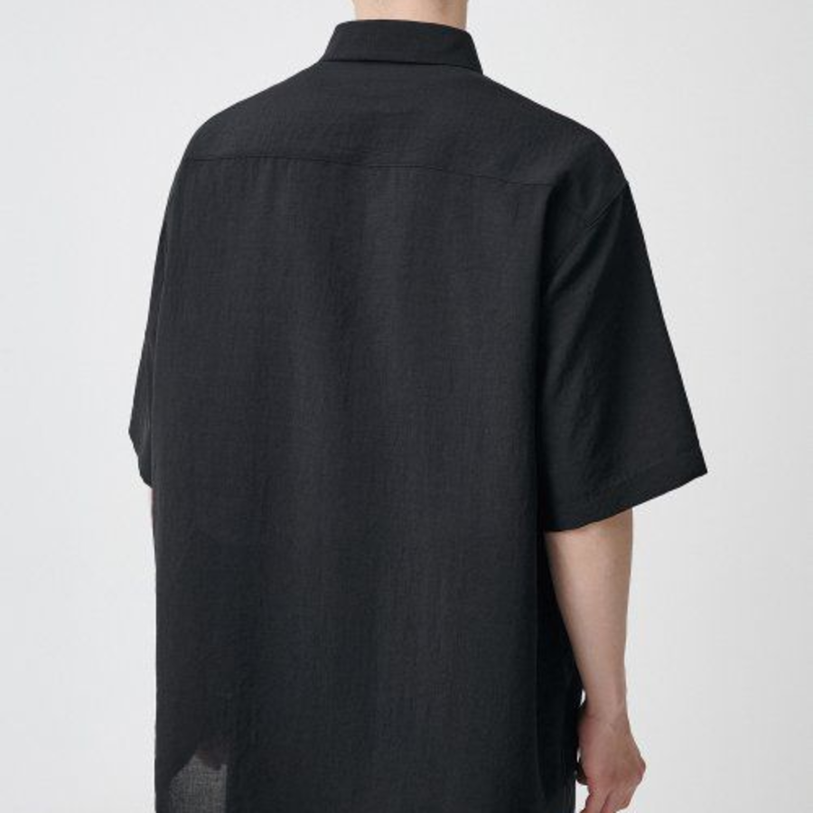 Relaxed Linen-Like Short Sleeve Shirt [Black]
