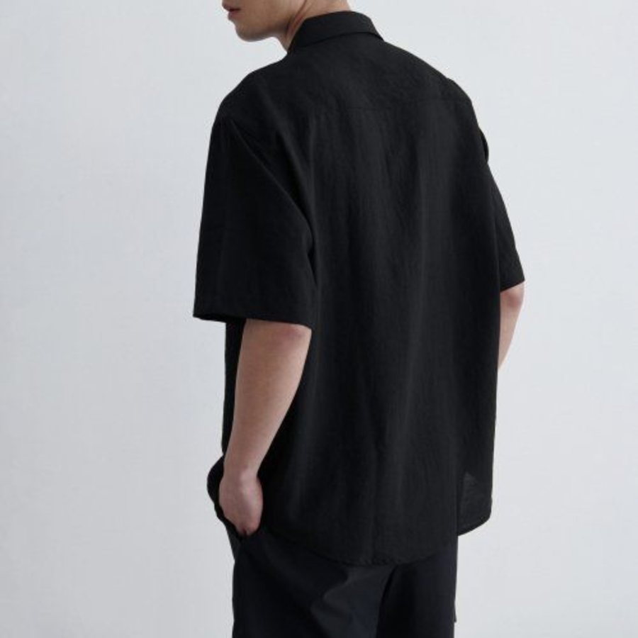 Relaxed Linen-Like Short Sleeve Shirt [Black]