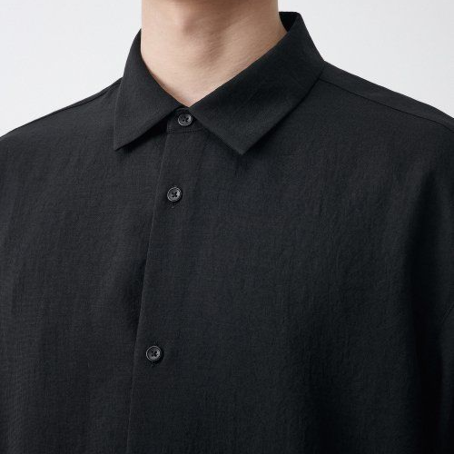 Relaxed Linen-Like Short Sleeve Shirt [Black]