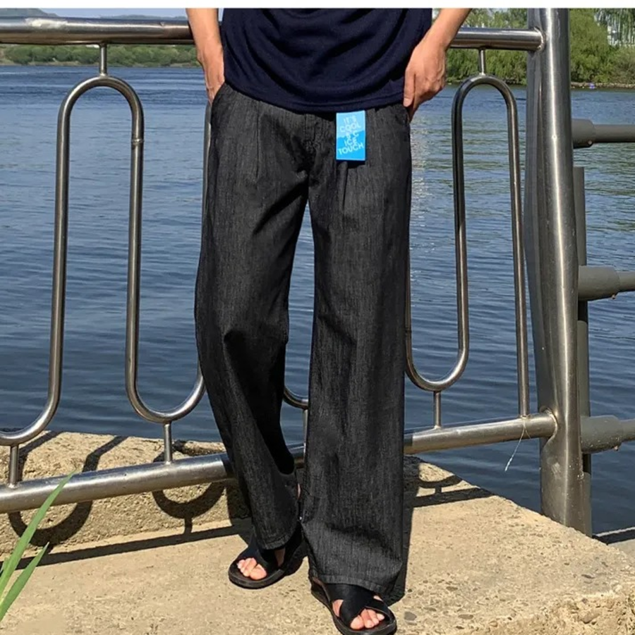 Men's Summer 3-Length Ice Cool Linen Non-Fade Two-Tuck Raw Wide Denim Pants