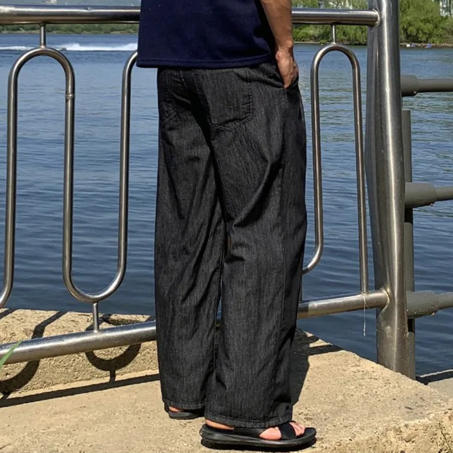 Men's Summer 3-Length Ice Cool Linen Non-Fade Two-Tuck Raw Wide Denim Pants