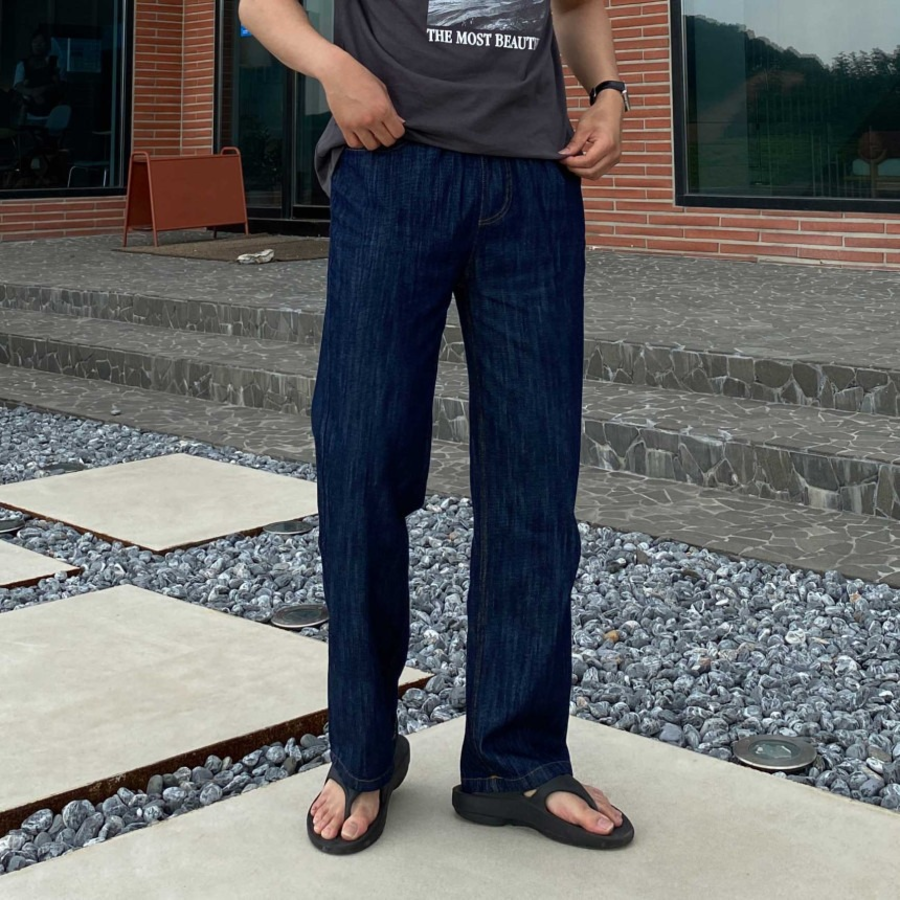 Linen Raw Wide Banding Denim Pants